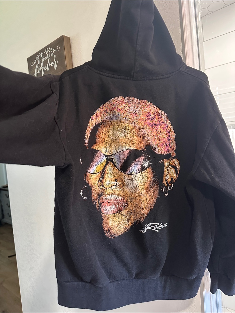 Black Graphic Dennis Rodman Hoodie with Colorful Face Print